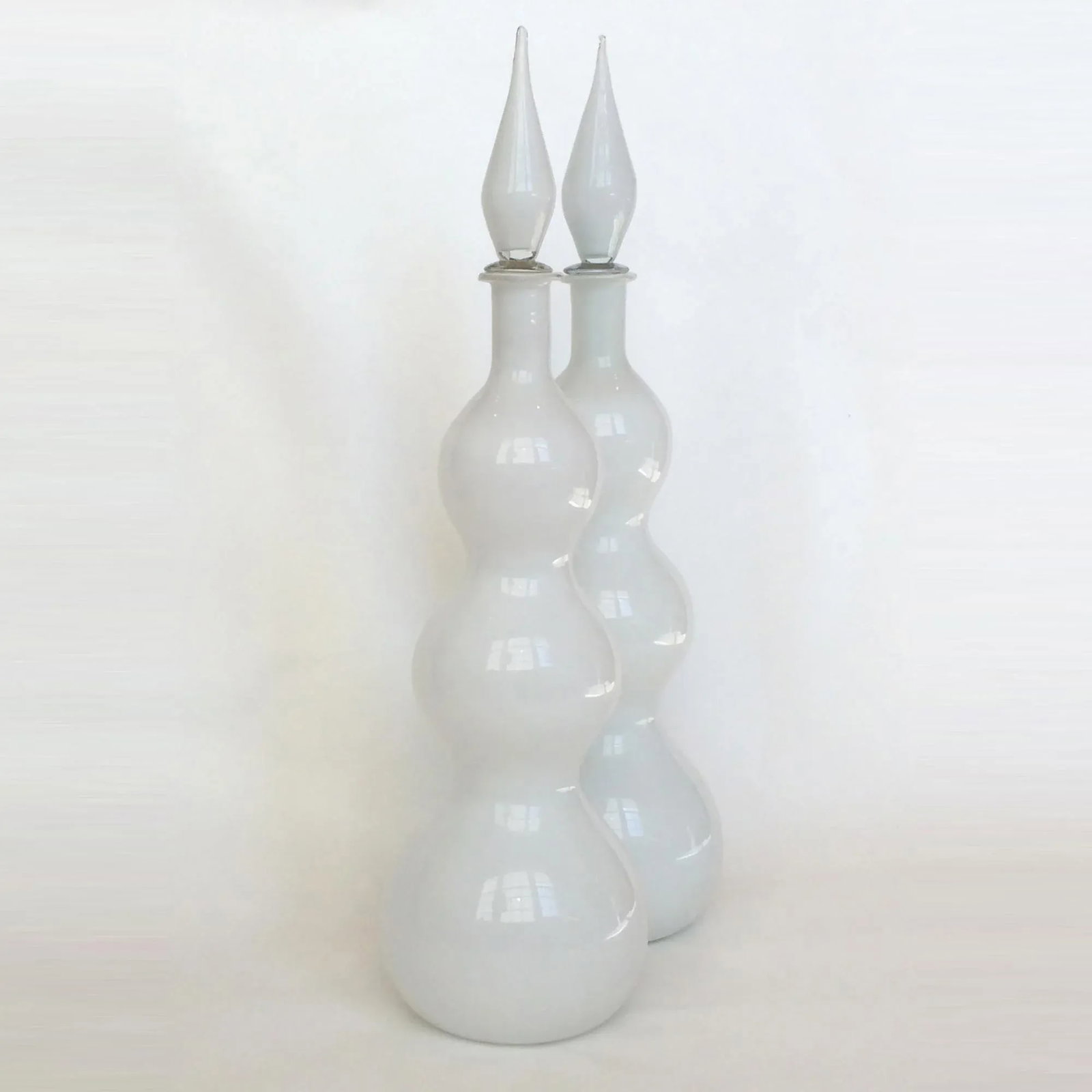 Mid-Century Modern Triple Gurgle White Cased Glass Decanters- Set of 2 - 4