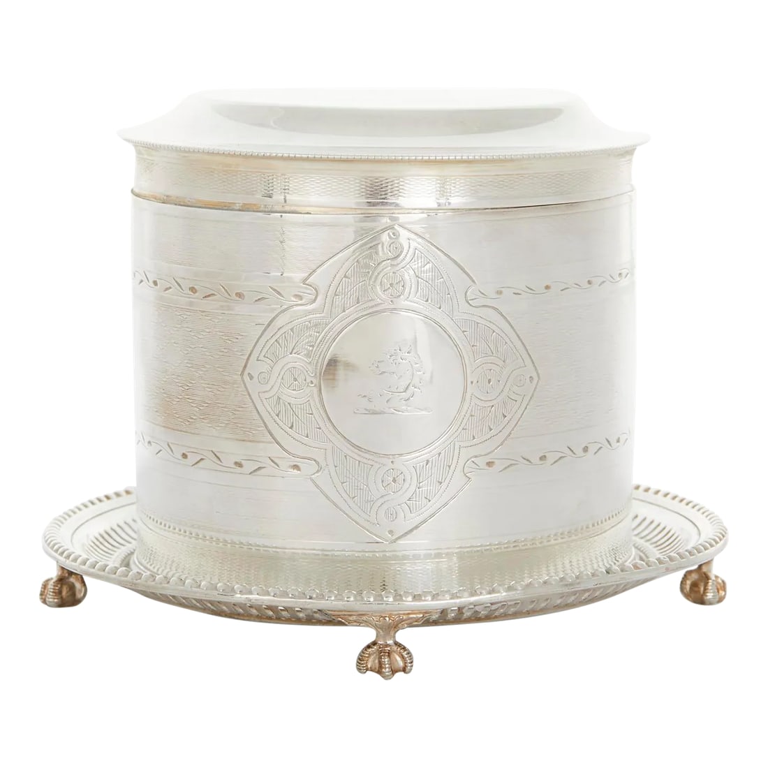 19th Century English Sheffield Silverplate Tea Caddy: 19th century English sheffield silver plate footed tea caddy / thin biscuit with exterior design details and attached covered top. The tea caddy is in good condition. Minor wear consistent with age / 
