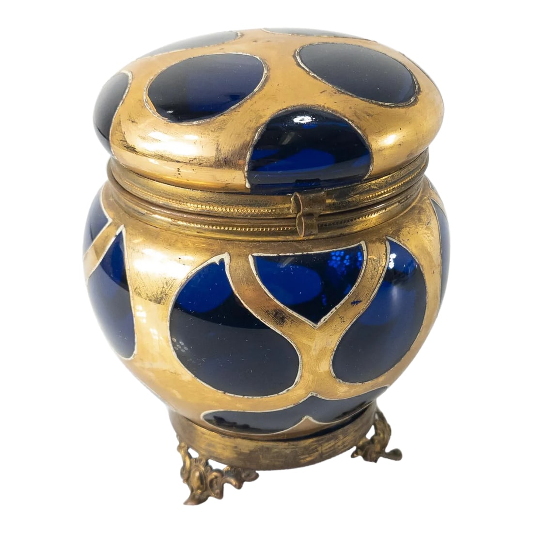 19th Century Cobalt Blue-Amethyst Purple Glass Gilt Dresser Box: We are selling this gorgeous glass trinket or jewelry box. This European box is probably French or Bohemian and has a dark cobalt blue-amethyst purple color glass body decorated with simple gilt decor