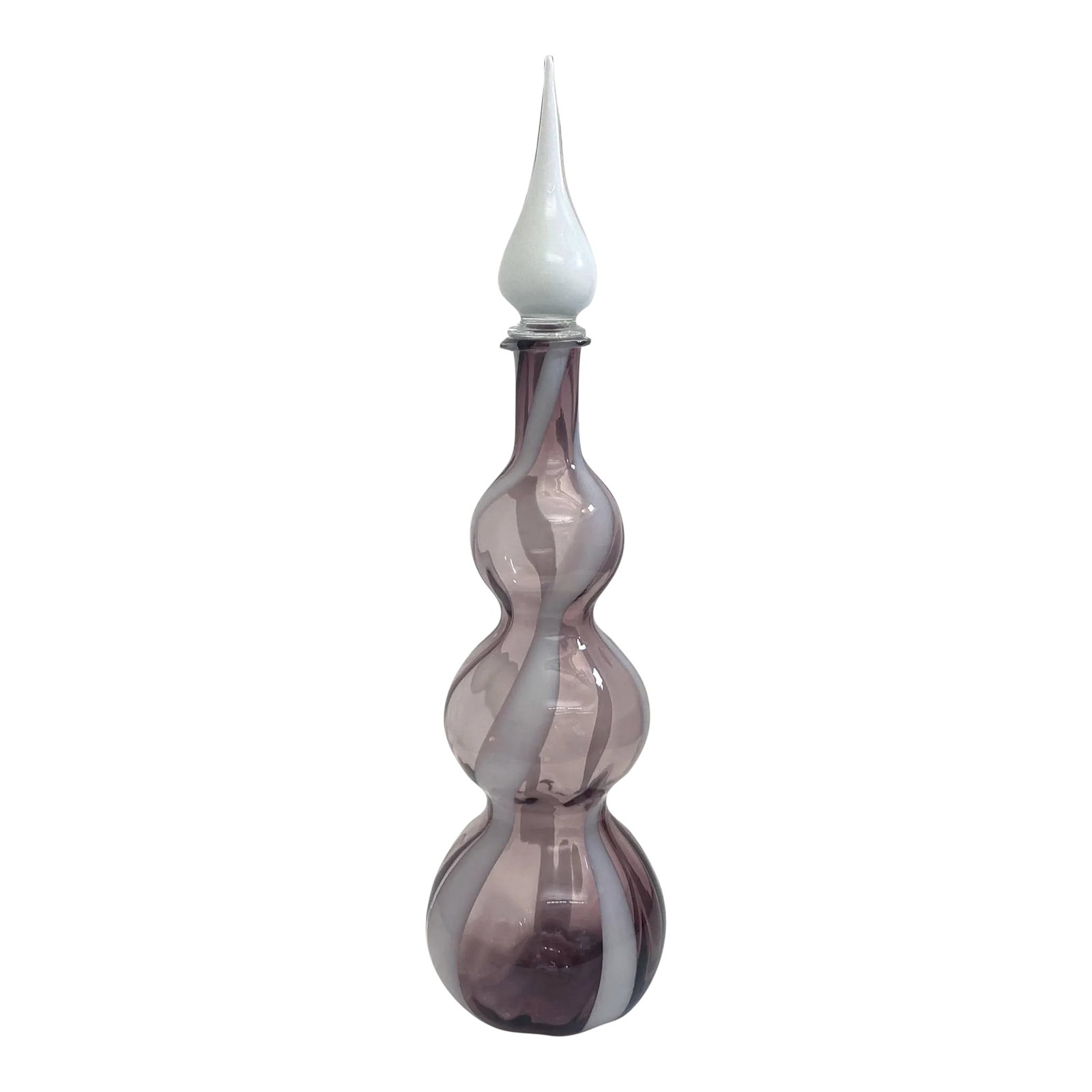 Vintage All Rose Murano, Amethyst and White Decanter: Murano All Rose Amethyst and White Decanter, unique Murano hourglass shaped genie like bottle with white glass stopper. Bottle has no chips or cracks. Stopper is white and looks like a closed tulip.