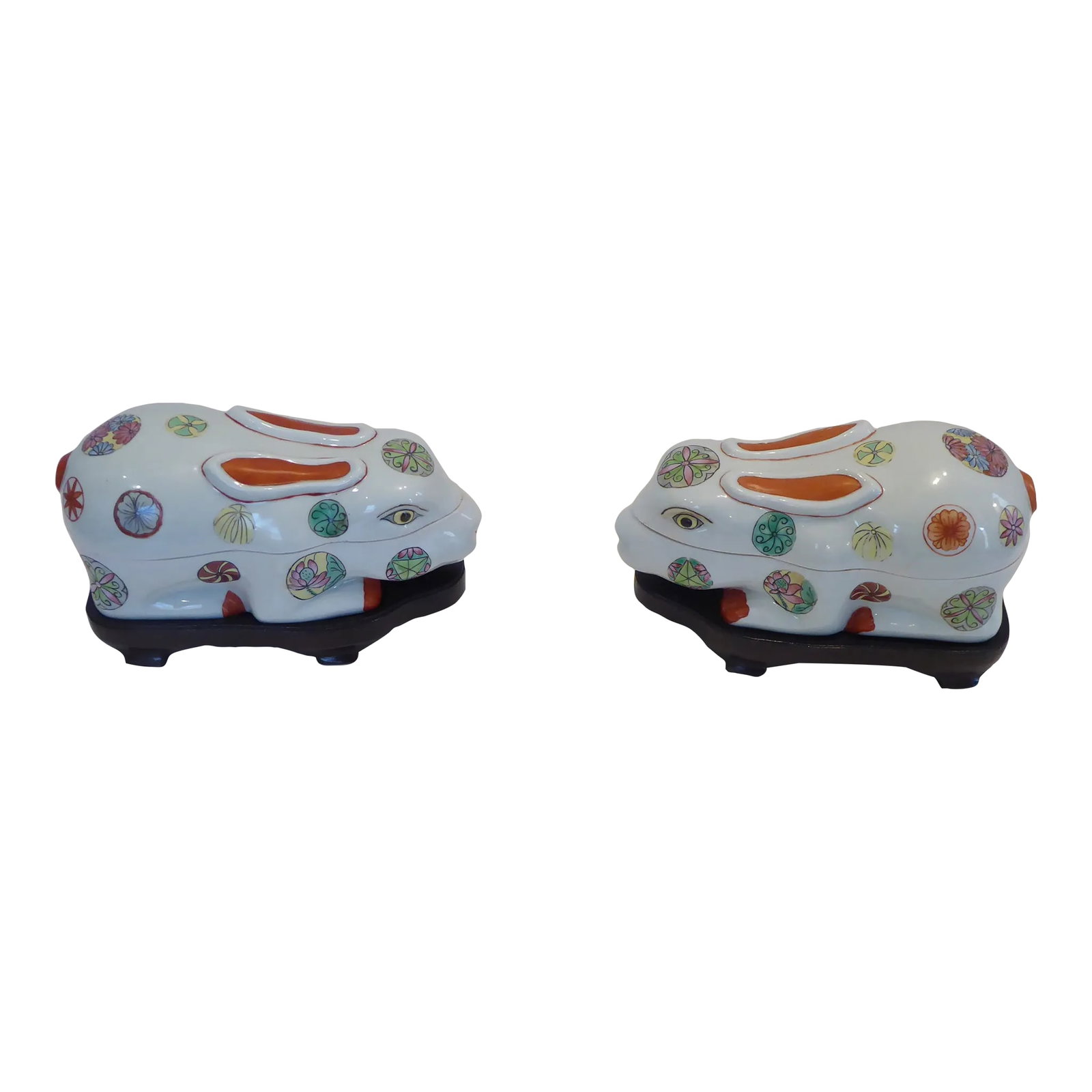 Vintage Chinese Porcelain Rabbit Tureens on Stands - a Pair: Chinese porcelain rabbit tureens on fitted stands, height of rabbits without stand, 4". Condition: Alterations: Unknown Imperfections: Some Imperfections Condition Notes: Excellent, a small slub and