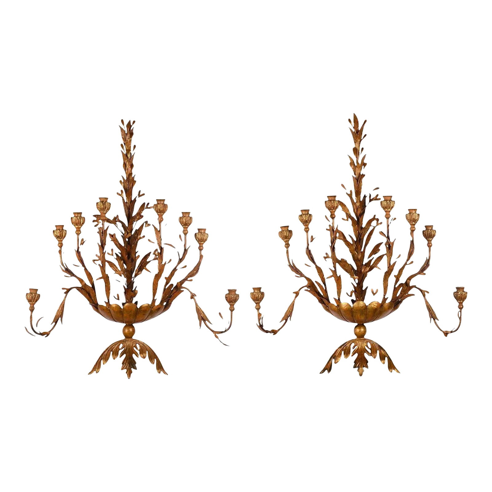 1930's Gold Metal Wall Sconces - a Pair: Vintage gold metal foliate wall sconces, circa 1930-1940. This Italian pair of gold painted metal wall scones have eight candle holders in a fancy foliate design. Dimensions 42''H X 34.5''W X 10''D Co
