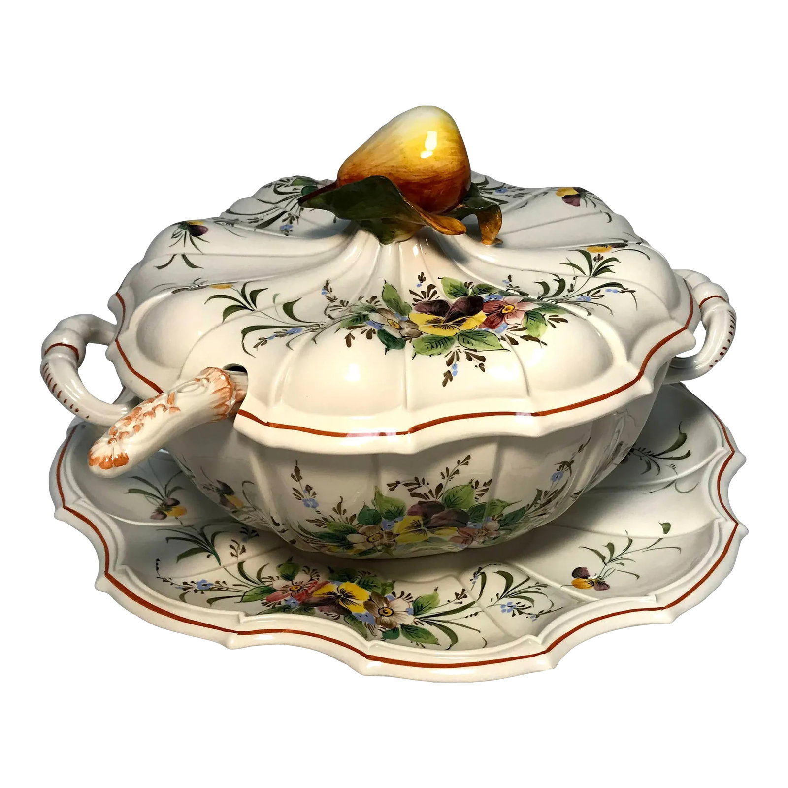 Vintage Italian Soup Tureen with Serving Plate- 4 Pieces: Not much is known about this item. This was purchased sometime in the 1960s by my grandmother. The only signature/marking on any if it simply reads "Italy". Soup tureen is hand painted porcelain, in