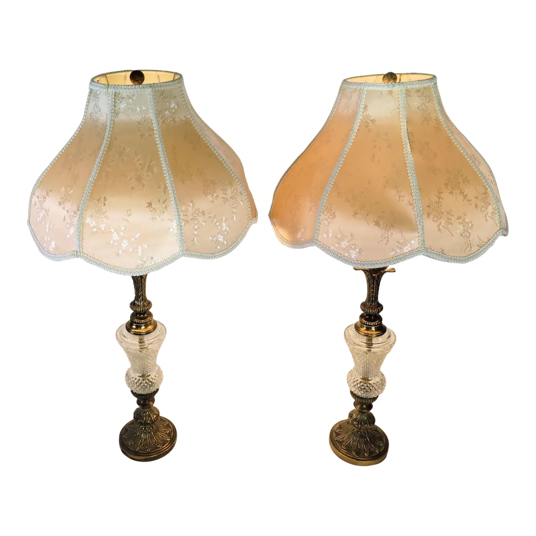 1950s Hollywood Regency Cut Glass and Brass Lamps - A Pair: These mid-century lamps are made of heavy-cut glass and brass and have a palm tree leaf motif, thus qualifying them to be true Hollywood Regency style. They are of medium height and have silk Asian