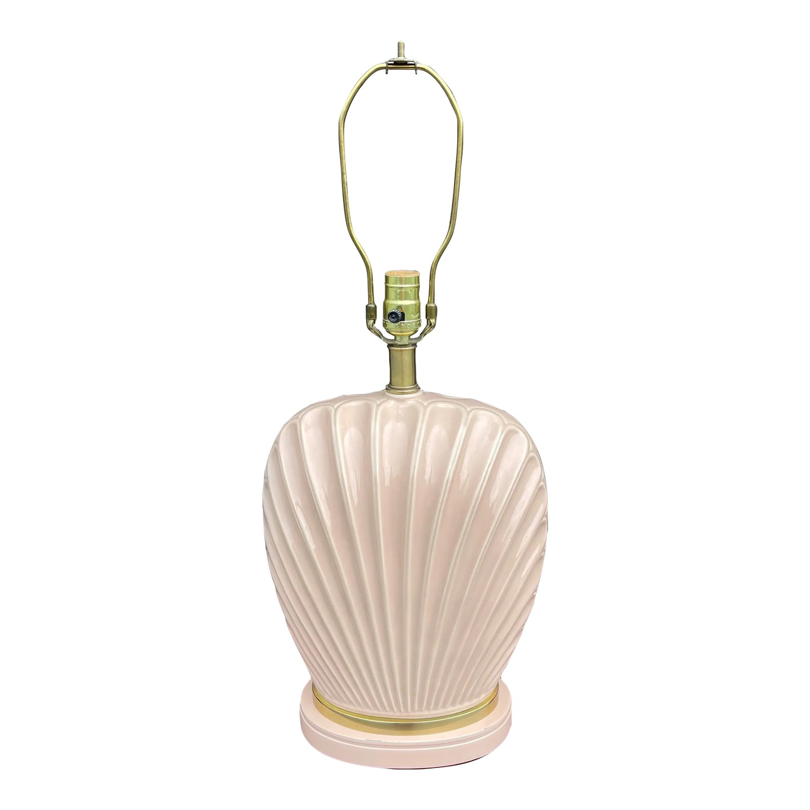 1980s Frederick Cooper Pink Ceramic and Brass Shell Lamp: A 1980s Neo Art Deco pink ceramic and brass shell lamp by Frederick Cooper. Circa 1988. The height from the base to the socket is 20 inches. Condition: Alterations: Original Condition Unaltered Imperf