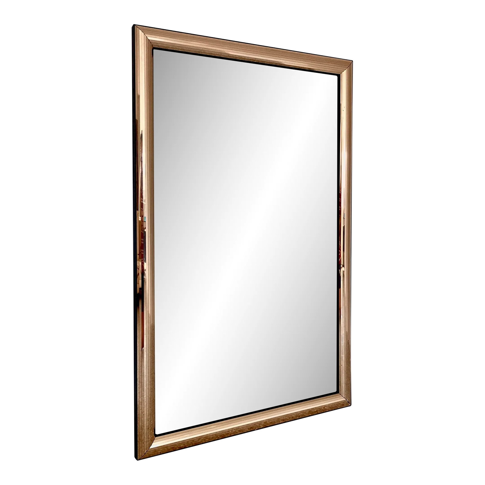 Tessellated Metallic Gold Framed Wall Mirror in the Manner of Ello: A glamorous and sophisticated classic meets contemporary statement for any bedroom, bathroom or entry foyer. The frame's small individual strips of material make it glimmer and shine with such dazzlin