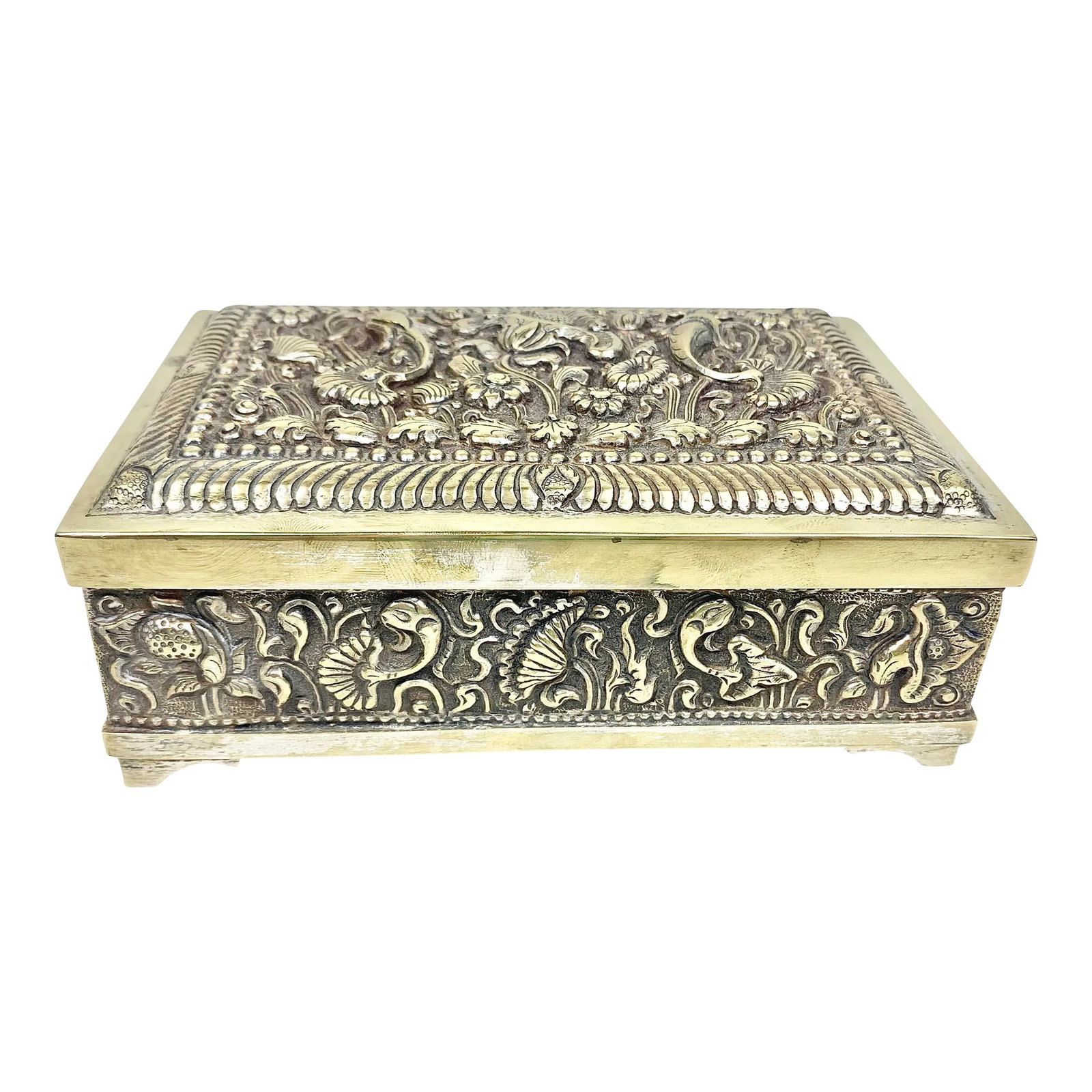 Vintage Repousse Metal and Wood Box: Stunning vintage box. Brass with wood interior. Repousse design of flowers and leaves. Perfect to use for jewelry or small desk accessories. This is a pre-owned item so please see all pictures and ask