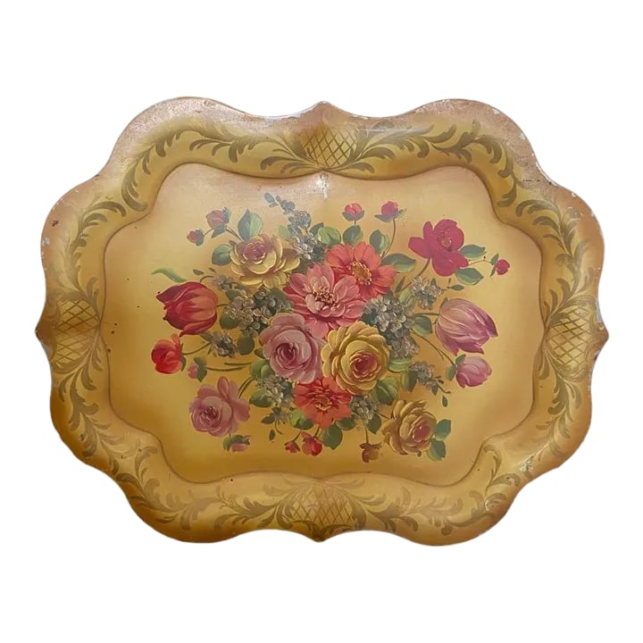 1940s Tole Floral Metal Tray: Beautiful, large goldenrod tray with gorgeous floral bouquet and detailed rim. Condition: Alterations: Original Condition Unaltered Imperfections: Some Imperfections Condition Notes: Good condition. S