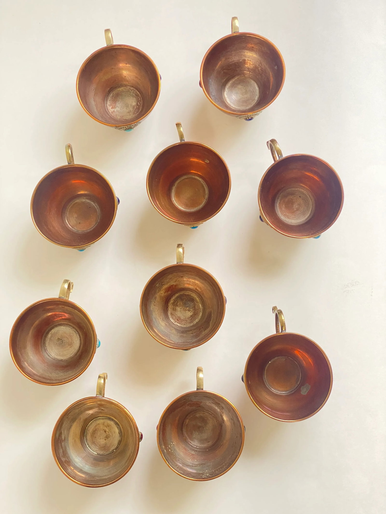 Mid 20th Century Mid Century Bejeweled Copper & Brass Punchbowl Set 12 Pieces - 11