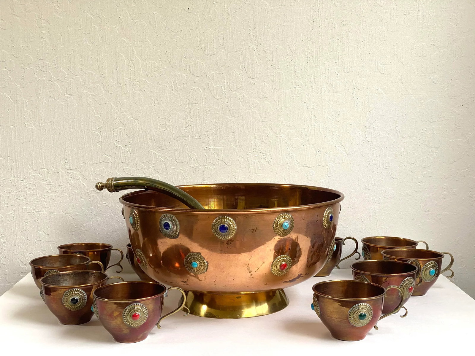 Mid 20th Century Mid Century Bejeweled Copper & Brass Punchbowl Set 12 Pieces - 12