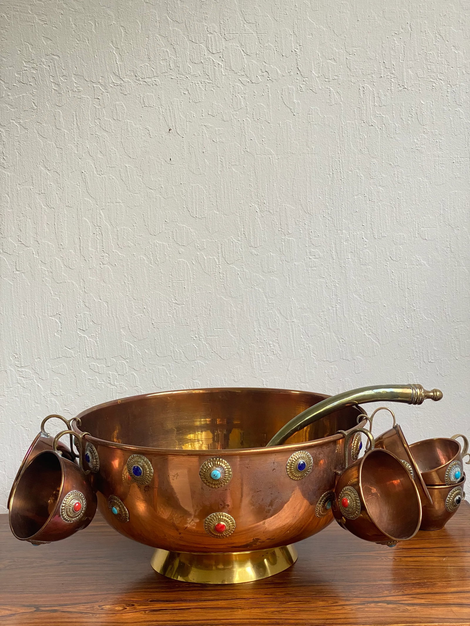 Mid 20th Century Mid Century Bejeweled Copper & Brass Punchbowl Set 12 Pieces - 2