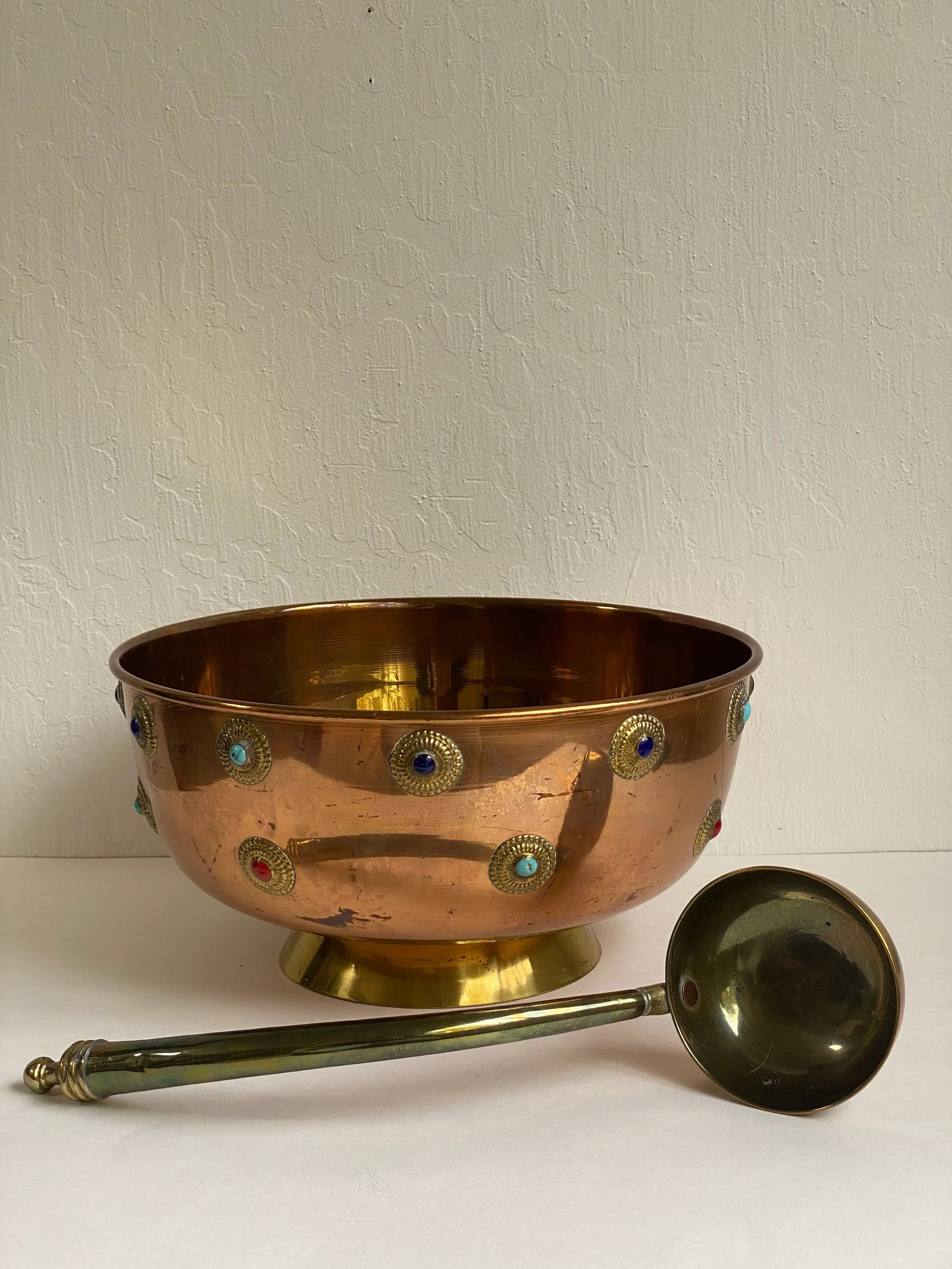 Mid 20th Century Mid Century Bejeweled Copper & Brass Punchbowl Set 12 Pieces - 4