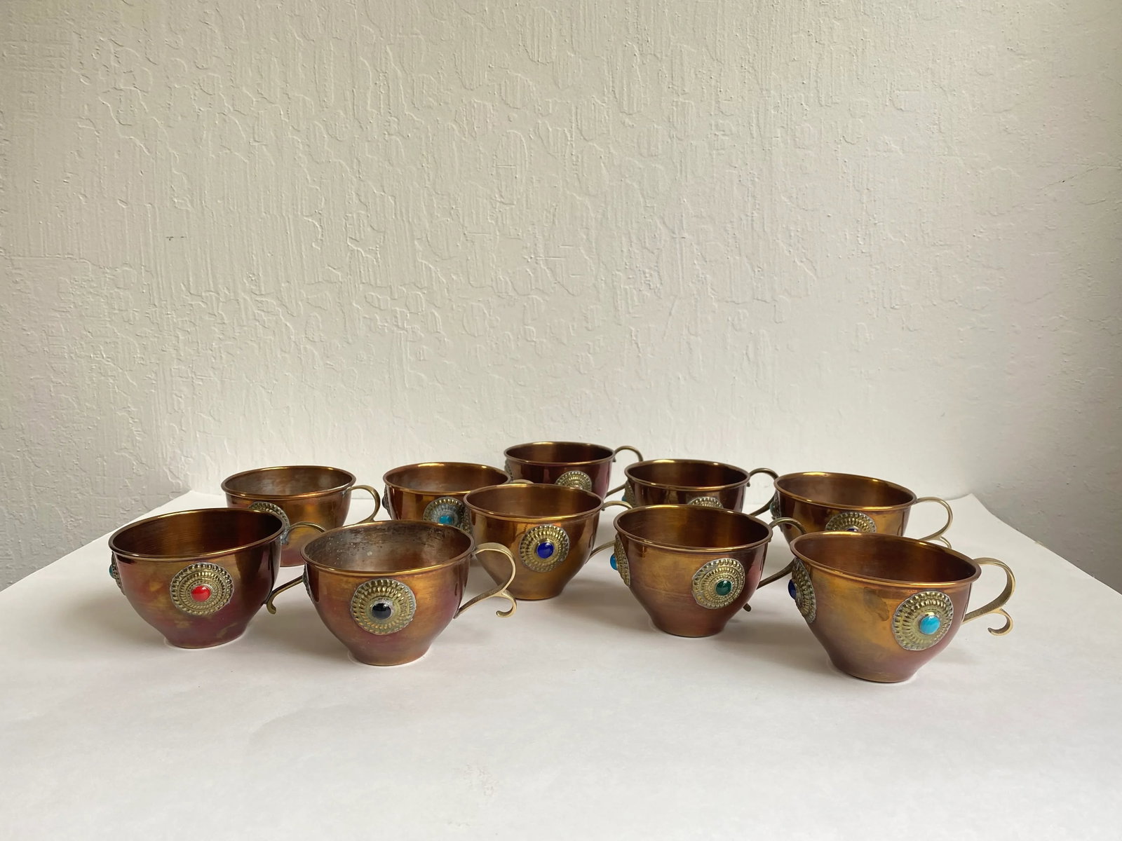 Mid 20th Century Mid Century Bejeweled Copper & Brass Punchbowl Set 12 Pieces - 7