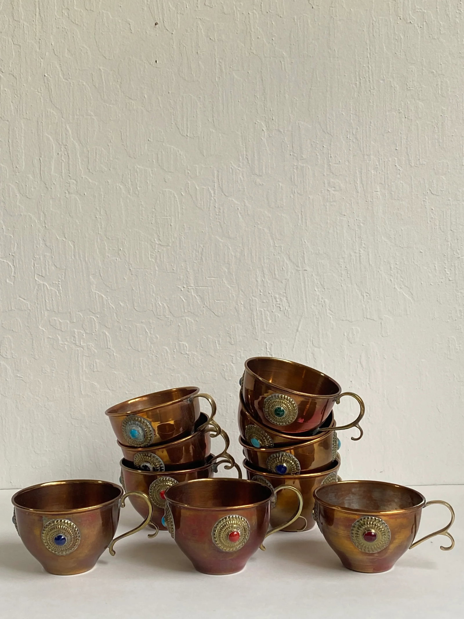 Mid 20th Century Mid Century Bejeweled Copper & Brass Punchbowl Set 12 Pieces - 8