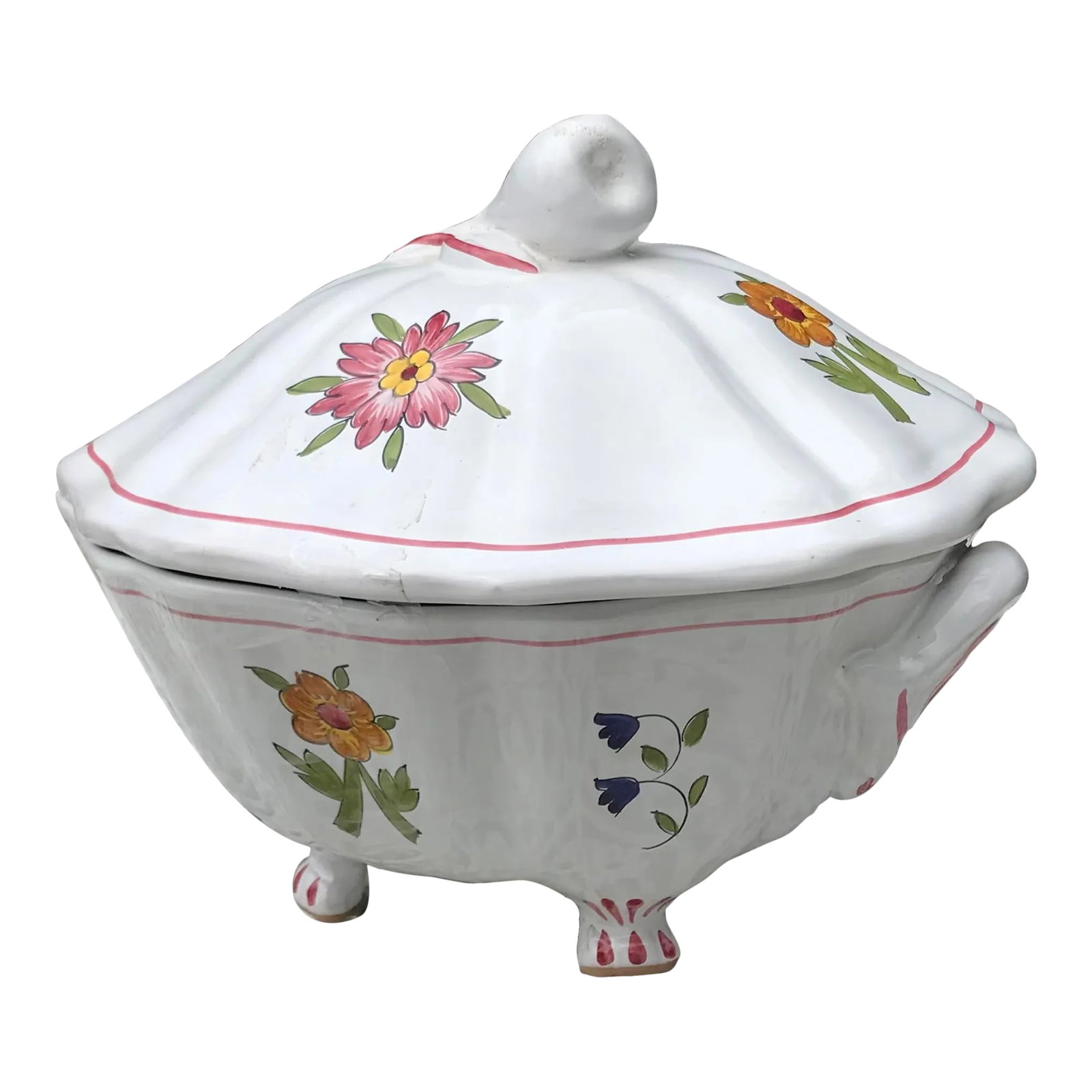 Late 20th Century French Faience Tureen: French Faience Oval footed hand painted tureen, floral design with pear on lid. Condition: Alterations: Original Condition Unaltered Imperfections: Some Imperfections Condition Notes: Invisible hair