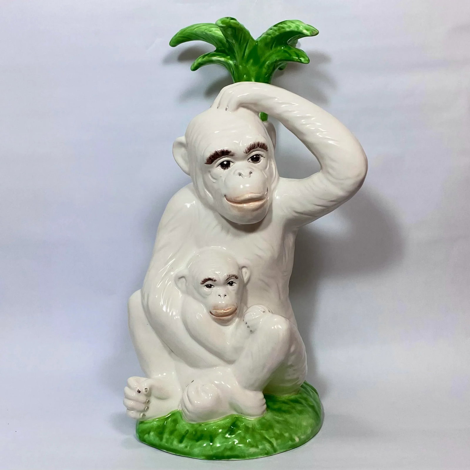 Vintage Majolica Monkey Pair With Palm Tree, Italy, 16" Tall - 12