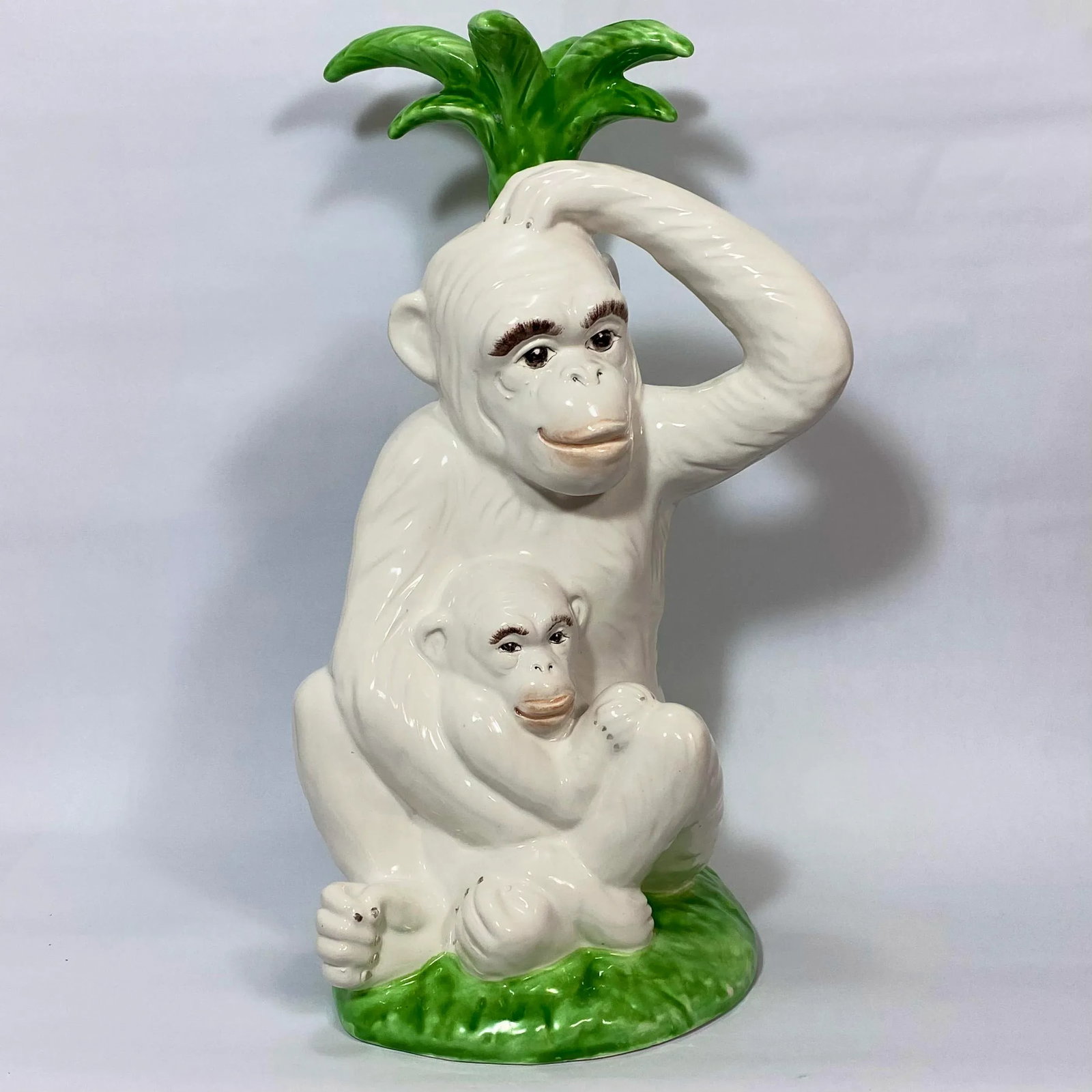 Vintage Majolica Monkey Pair With Palm Tree, Italy, 16" Tall - 2