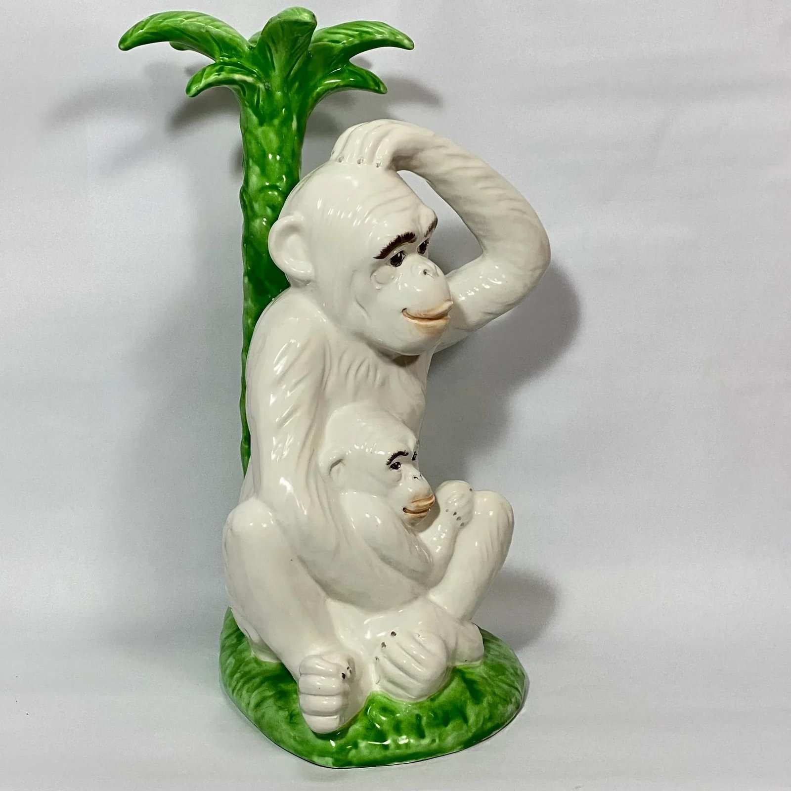 Vintage Majolica Monkey Pair With Palm Tree, Italy, 16" Tall - 3