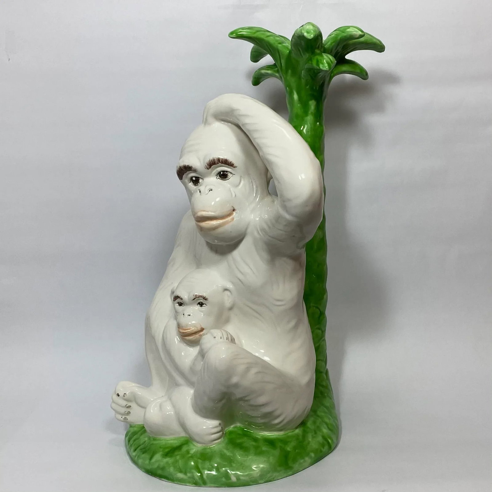 Vintage Majolica Monkey Pair With Palm Tree, Italy, 16" Tall - 4