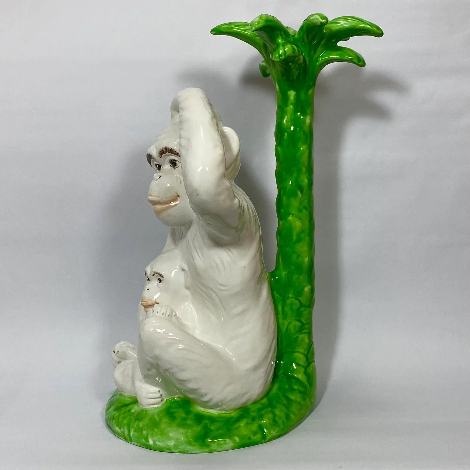 Vintage Majolica Monkey Pair With Palm Tree, Italy, 16" Tall - 5