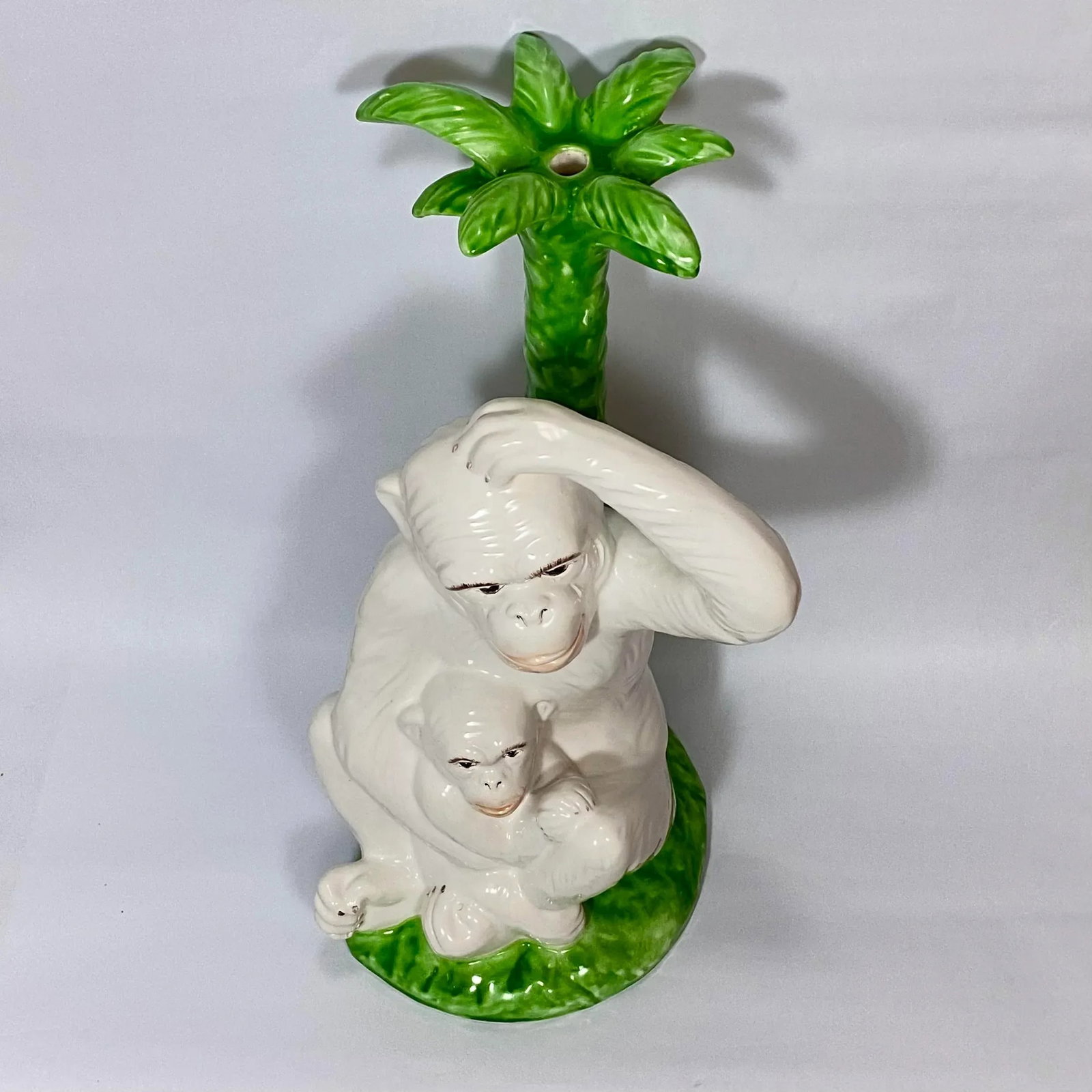 Vintage Majolica Monkey Pair With Palm Tree, Italy, 16" Tall - 8