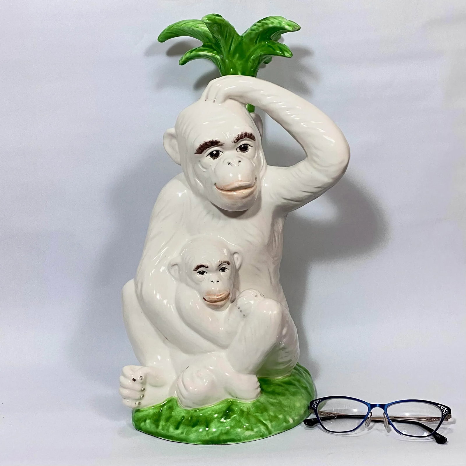 Vintage Majolica Monkey Pair With Palm Tree, Italy, 16" Tall - 9