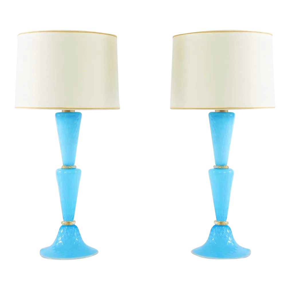 Venetian Glass with Gold Flecks Table Lamps - a Pair: Exquisite pair Venetian glass with gold flecks design details table / task lamps. Each lamp is in great working condition. Rewired for US use. Maker's mark undersigned . No special light bulb required