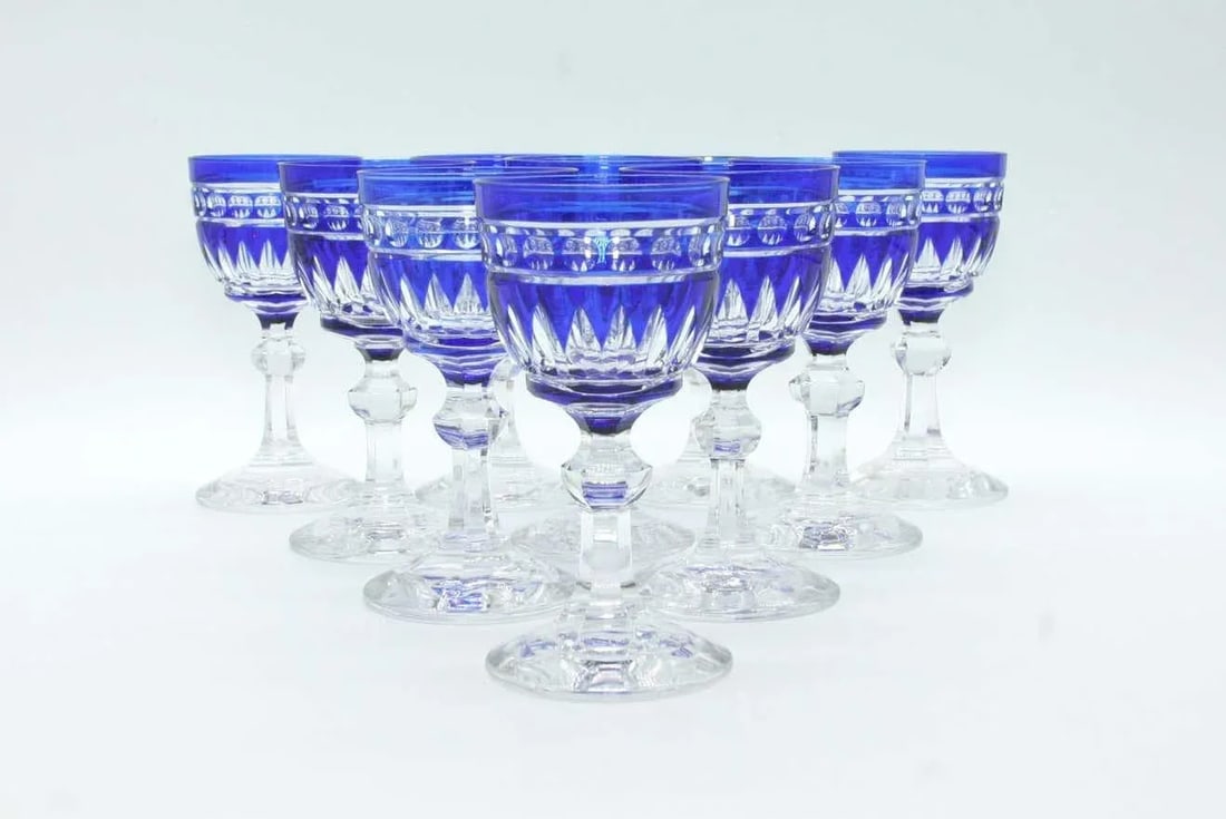 1920s Blue & Clear Cut Crystal Glassware - Set of 12 - 12