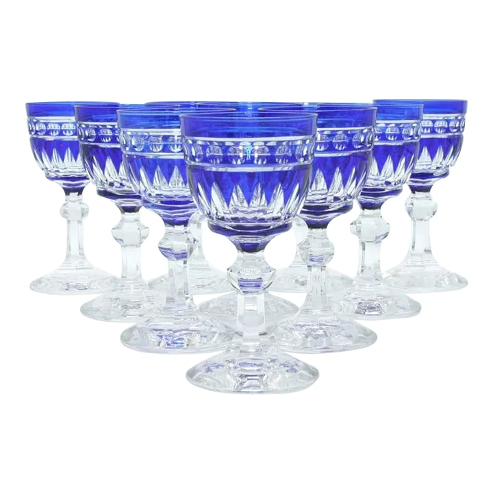 1920s Blue & Clear Cut Crystal Glassware - Set of 12: Exquisite set of Val Saint Lambert Barware / tableware cobalt blue crystal service for 12 people . Val crystal is regarded as some of the most magnificent ever made and renowned for their exquisite