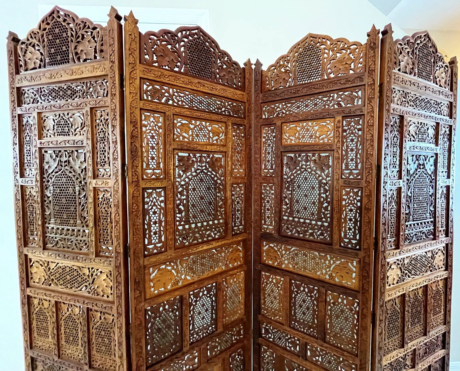 Mid 20th Century Moroccan Style Pierced Fruitwood 4-Panel Floor Screen - 12
