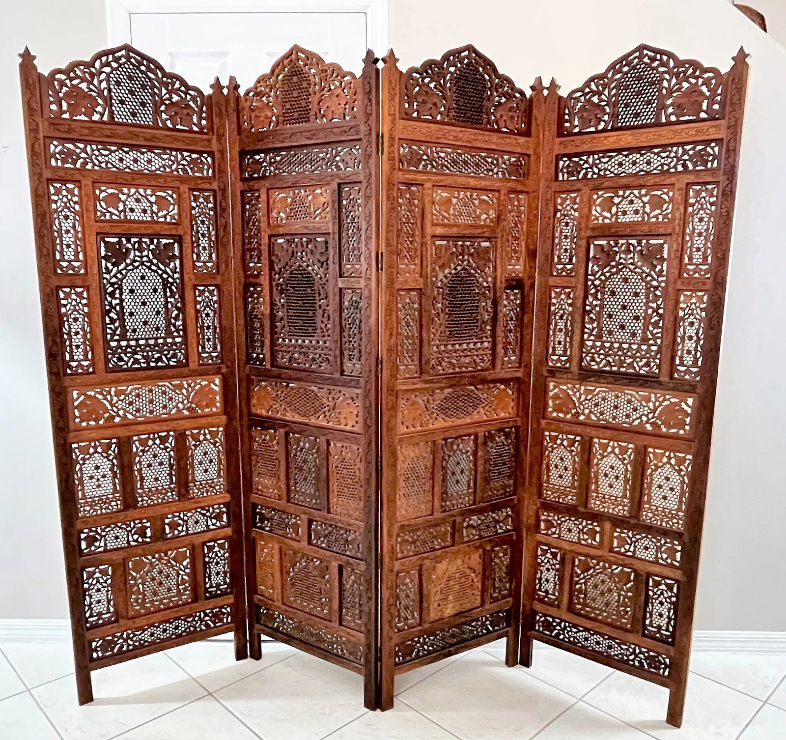 Mid 20th Century Moroccan Style Pierced Fruitwood 4-Panel Floor Screen - 13