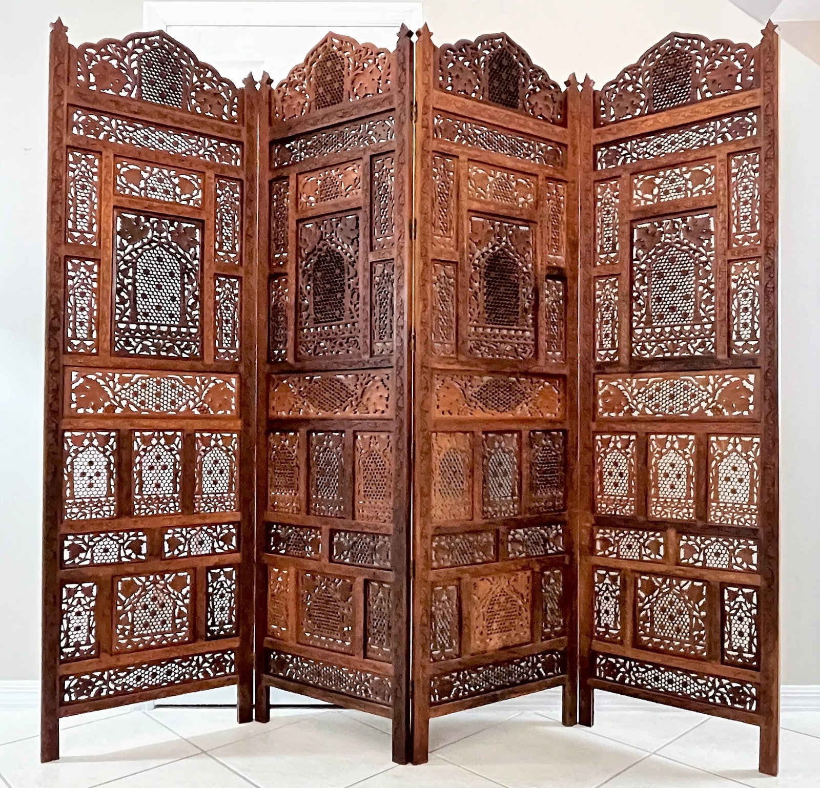 Mid 20th Century Moroccan Style Pierced Fruitwood 4-Panel Floor Screen - 2