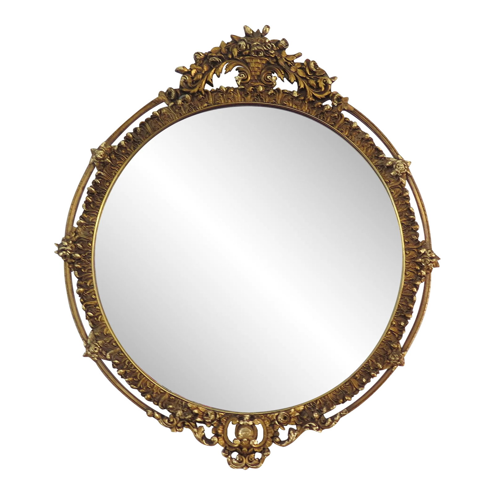 Large Vintage Louis XV Style Gold Leaf Mirror: Louis XV style mirror. Also referred to as Rococo, a style made popular in Paris in the late18th Century. It's described in elegant curves, scrolling, gilding, and ornamental in design. Sometimes also