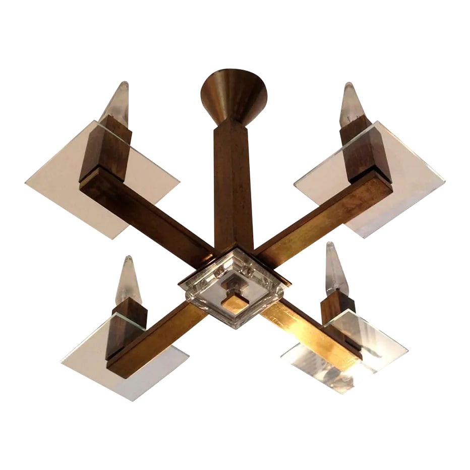 French Art Deco Pendant: A wonderful 1930 French Art Deco four-light dark aged brass fixture with crystal bobeches, Rewired. Condition: Alterations: Original Design Modified Imperfections: Some Imperfections Condition Notes: