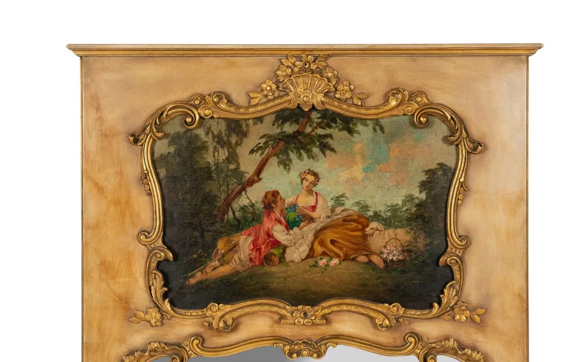 Vintage French Louis XV Style Painted and Parcel Gilt Trumeau Mirror - 2