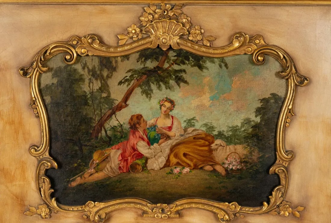 Vintage French Louis XV Style Painted and Parcel Gilt Trumeau Mirror - 3