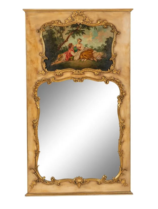 Vintage French Louis XV Style Painted and Parcel Gilt Trumeau Mirror - 5