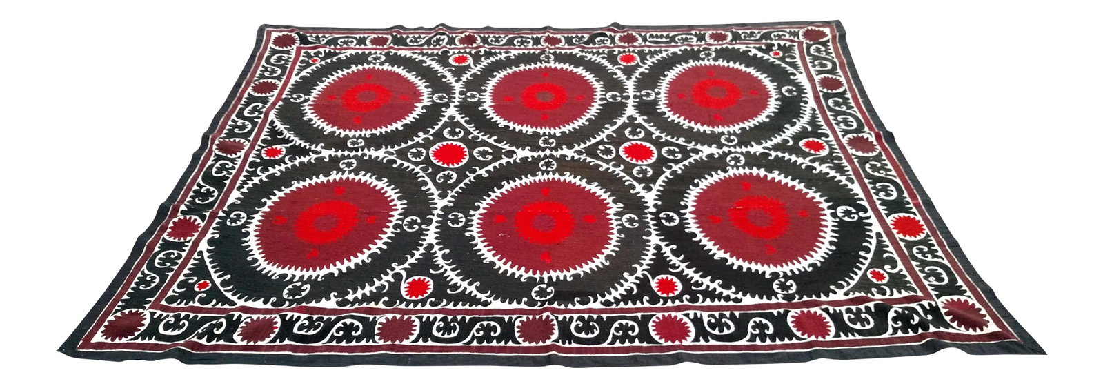 Vintage Red and Black Bukhara Suzani Tapestry: This a great and very detailed Vintage Bukhara Suzani Tapestry from Uzbekistan, that is hand-woven on a off-white background. The artistry is of this piece is beautiful with very vibrant colors.