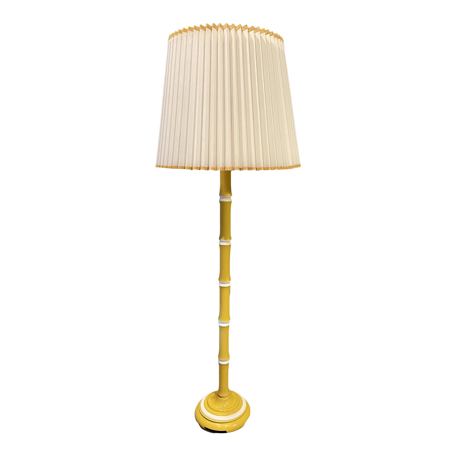 1960s Mid Century Yellow Floor Lamp With Shade: Mid Century Yellow Floor Lamp w/Shade Plastic like? shade with yellow ribbon trim Looks like high gloss lacquered wood w a metal base. Takes a 3-way bulb 7 ft cord Height: 35" Width: widest part of sh