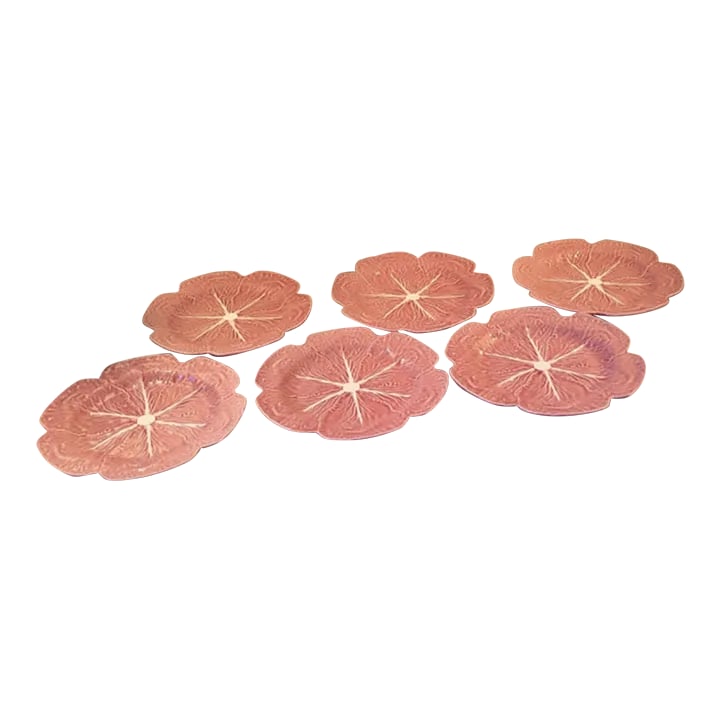 1970s Bordallo Pinheiro Pink Cabbage Plates Set of 6: Set of six pink Bordallo Pinheiro chargers with scalloped edges. No chips or cracks. 12" Condition: Alterations: Original Condition Unaltered Imperfections: Some Imperfections Condition Notes: