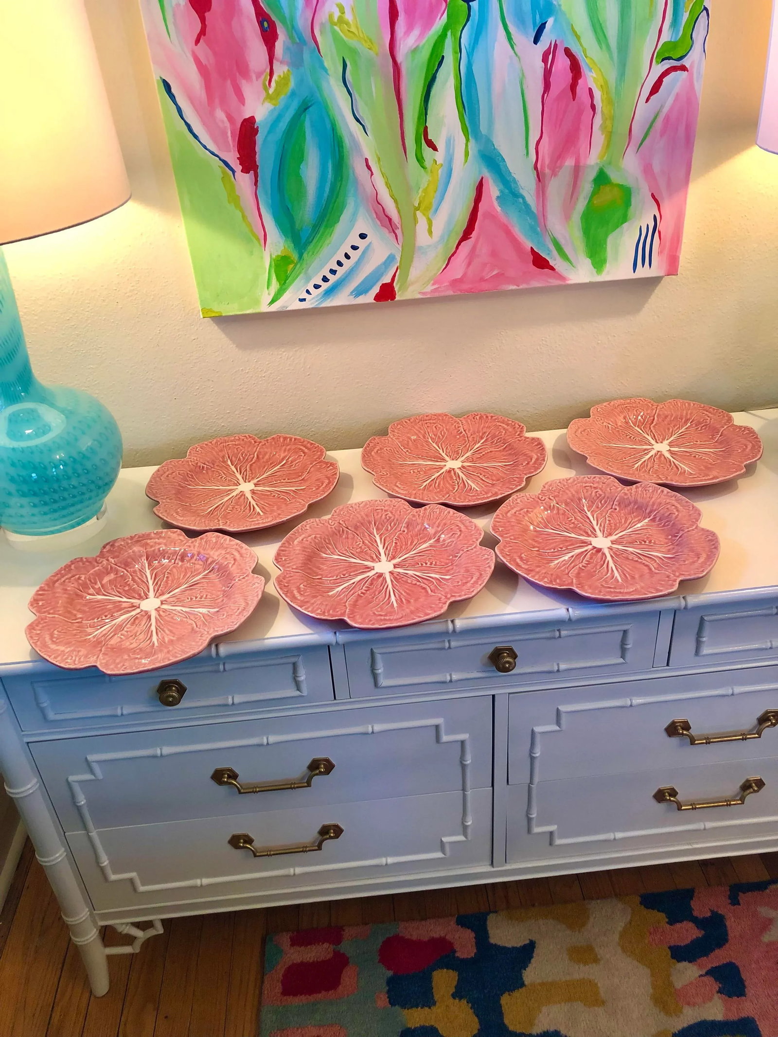 1970s Bordallo Pinheiro Pink Cabbage Plates Set of 6 - 2
