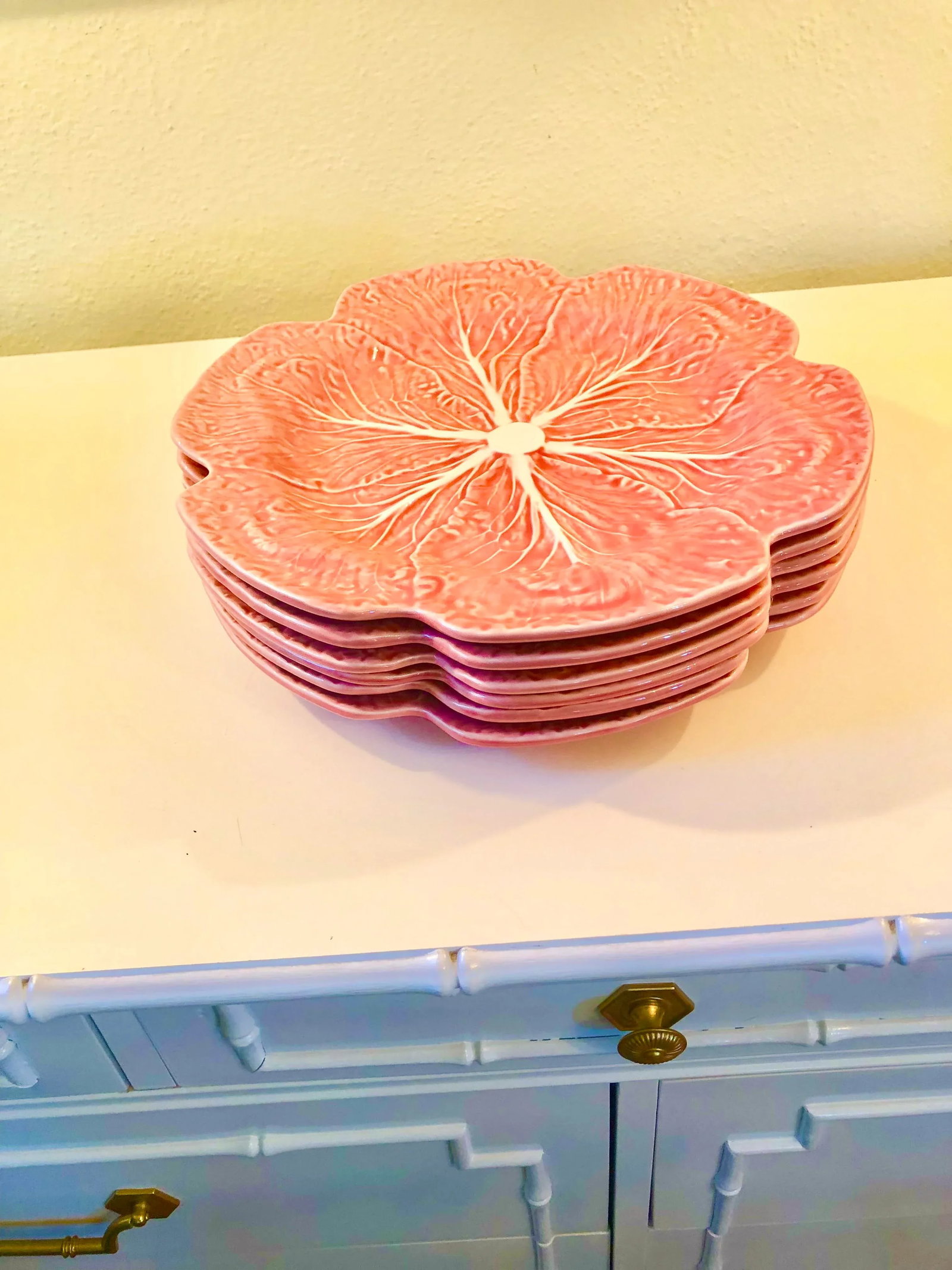 1970s Bordallo Pinheiro Pink Cabbage Plates Set of 6 - 3