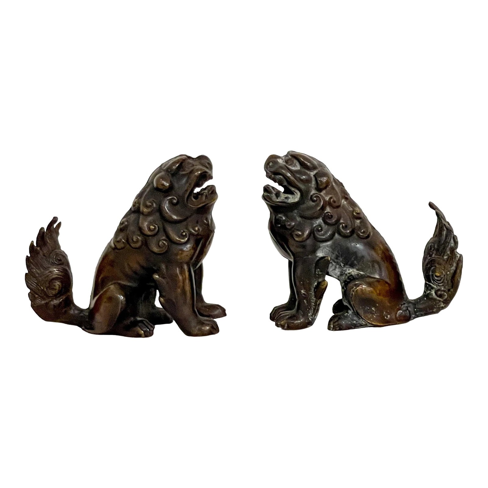 Early 20th-C. Asian Bronze Food Dogs or Lions Figurines, Pair (1 of 10)