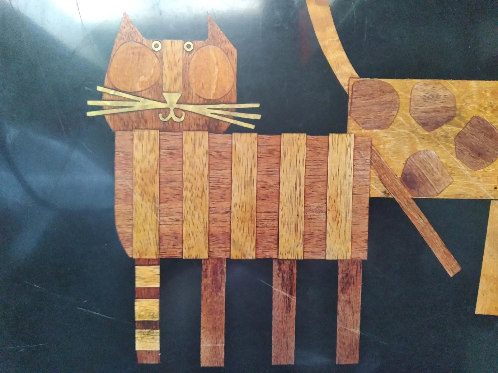 1960s Couroc Wood and Brass Inlay Cat Serving Tray - 2