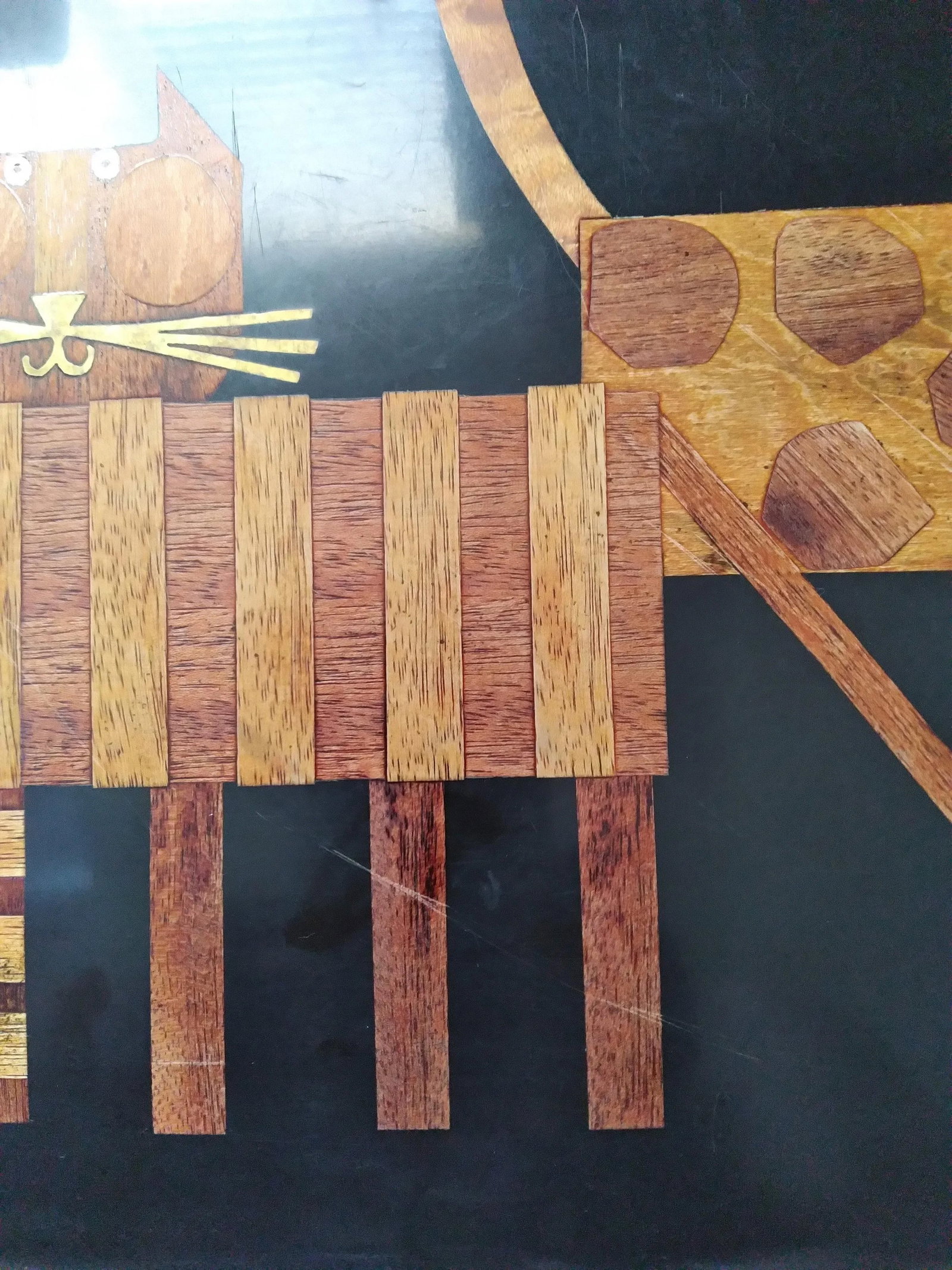 1960s Couroc Wood and Brass Inlay Cat Serving Tray - 7