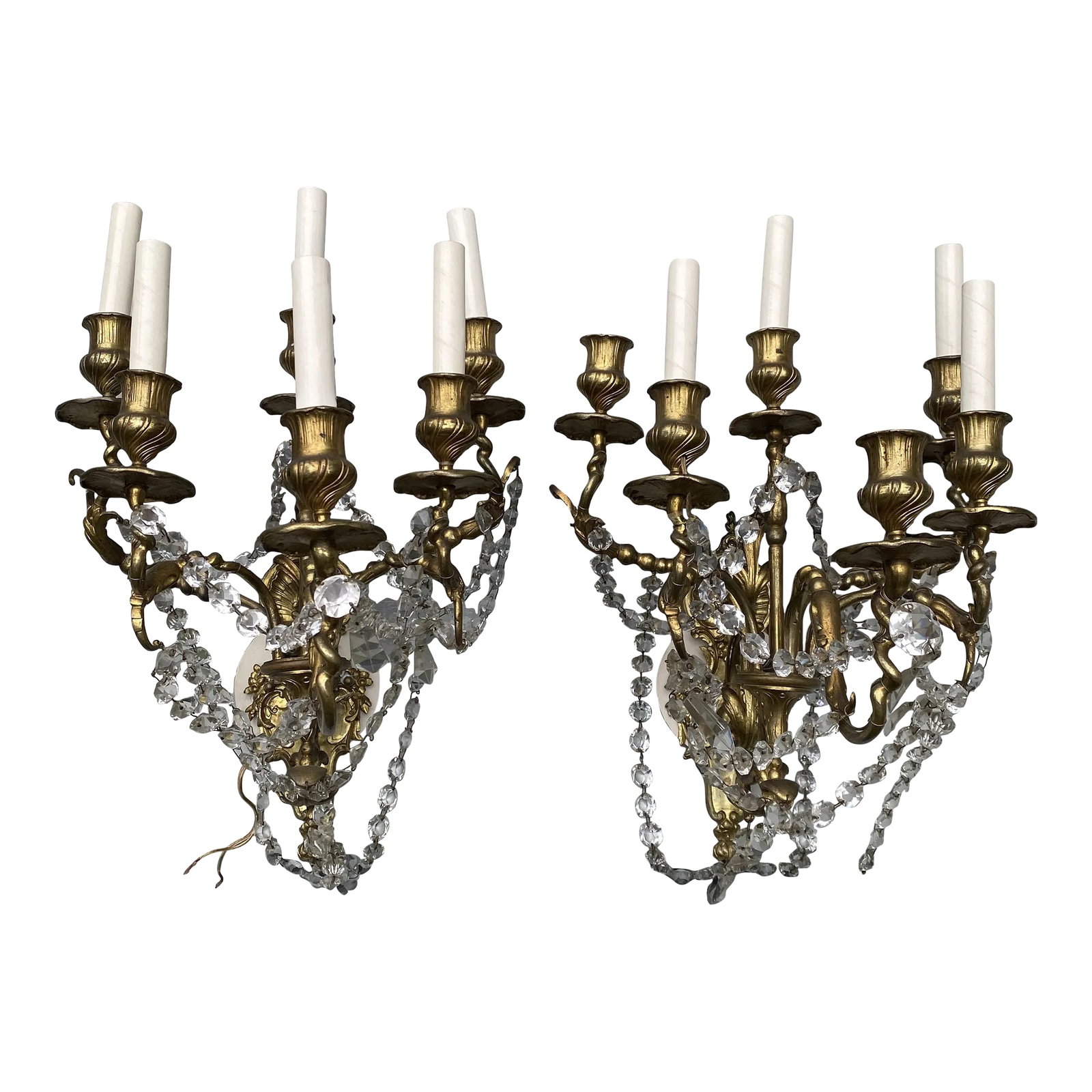 1900s Vintage Six Arm Brass Wall Sconces - a Pair: Old Lights On is pleased to offer this awesome pair of six light brass and crystal wall sconces. Originally they were candlesticks. Recently wired and ready to install. We ship everywhere. Follow us