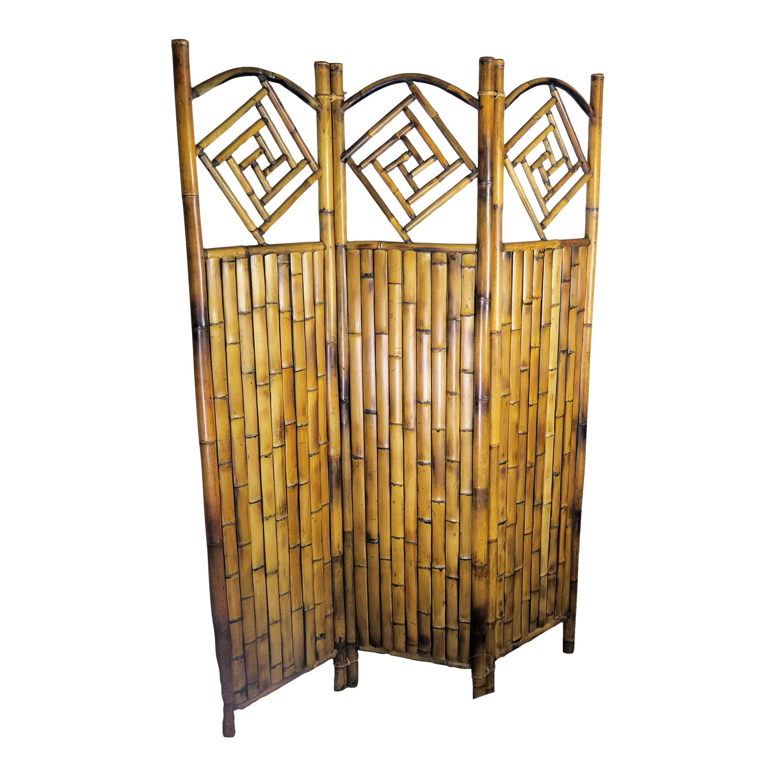 1950s Japanese 3-Panel Bamboo Screen: This is the best example of a quality heavy bamboo screen that I've ever seen. It's created piece by piece, including the Art Deco style bamboo design atop the screen, by the finest Japanese artisan, 