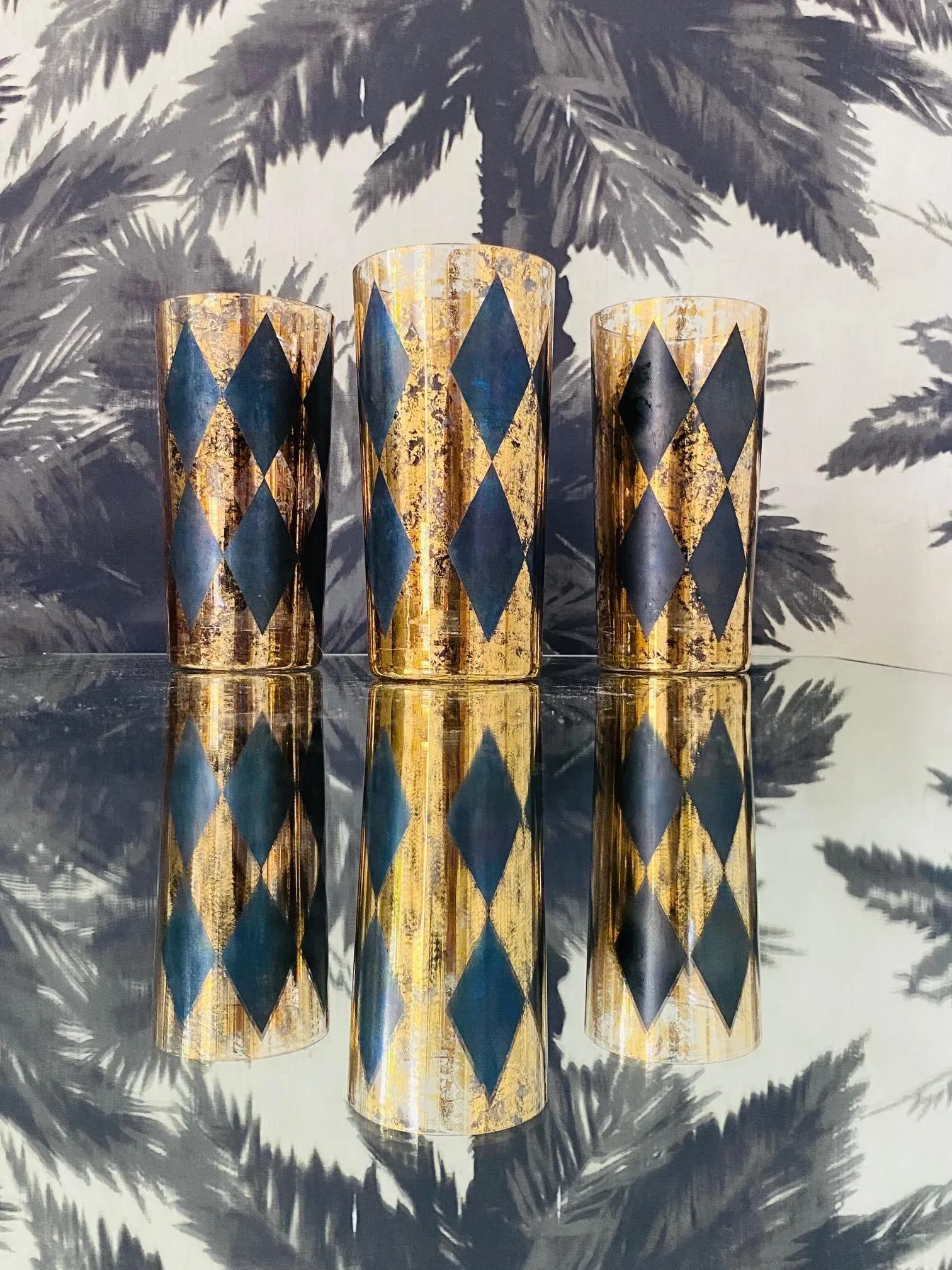 1960s Vintage Harlequin Barware Glasses in Black and Gold Leaf - Set of 8 - 10