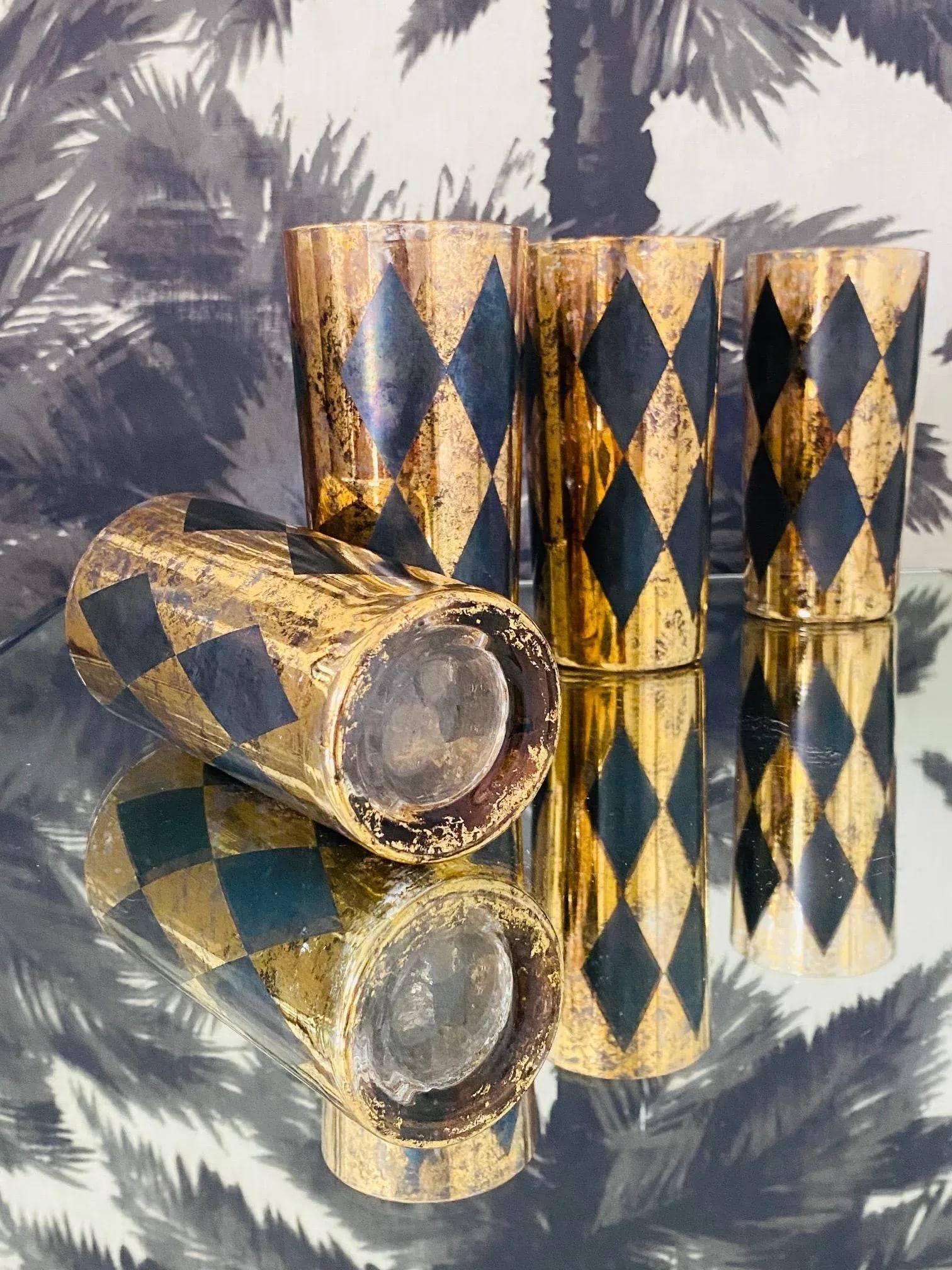 1960s Vintage Harlequin Barware Glasses in Black and Gold Leaf - Set of 8 - 11