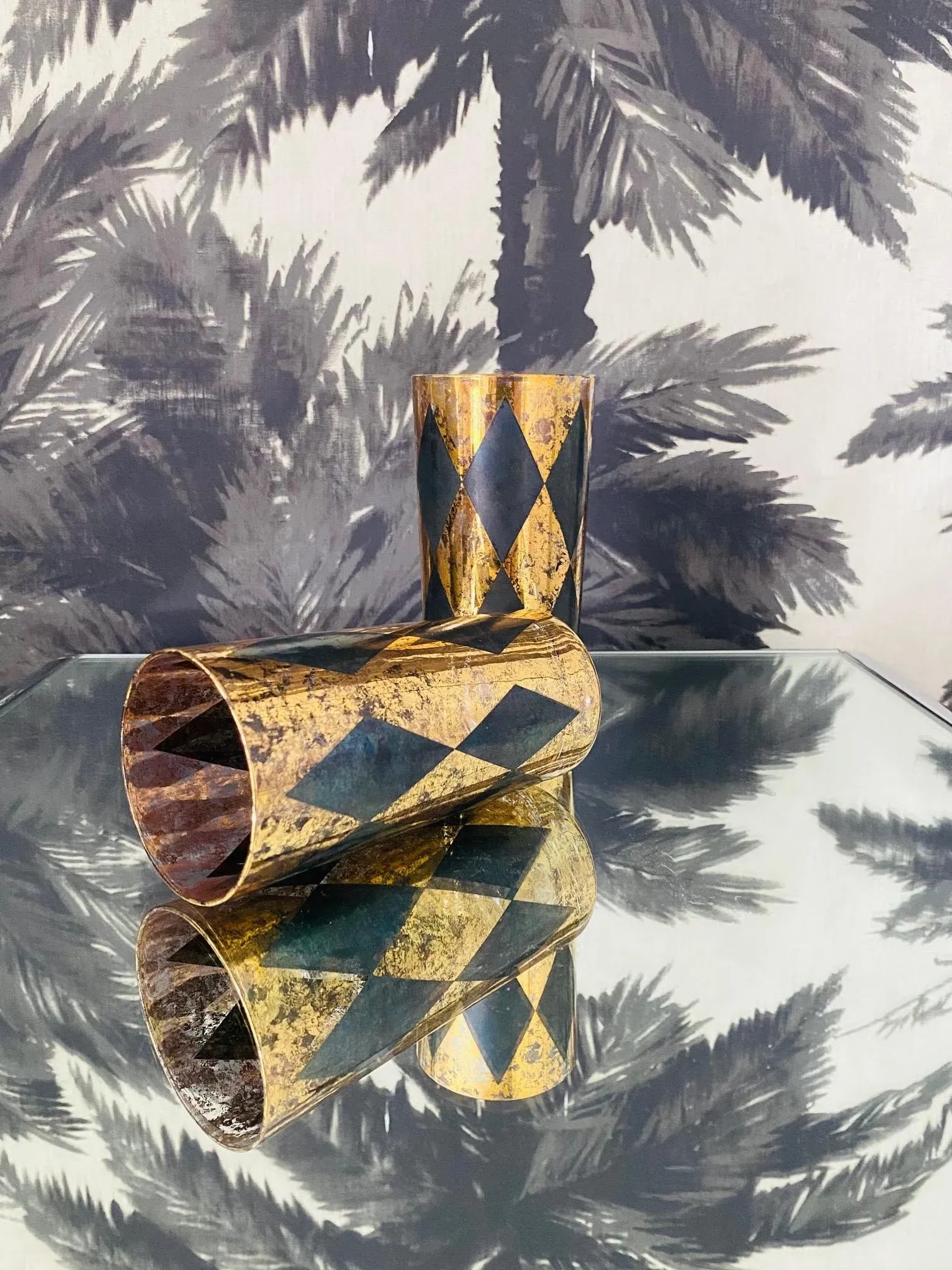 1960s Vintage Harlequin Barware Glasses in Black and Gold Leaf - Set of 8 - 12